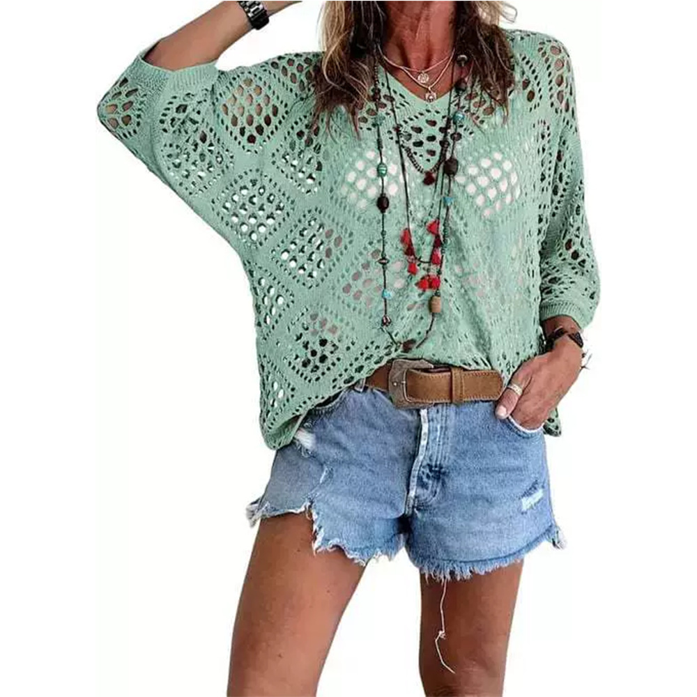 V-Neck Diamond Openwork Batwing Sleeve Women's Knit Top