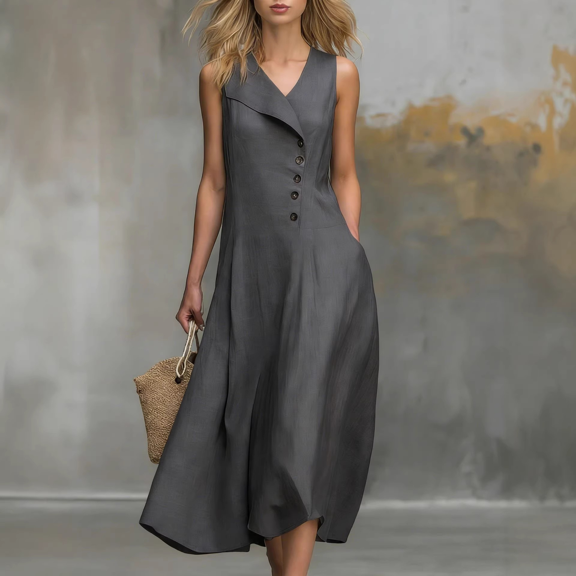 Women's Sleeveless Button-Front Collared Dress Solid Color Cinched Waist