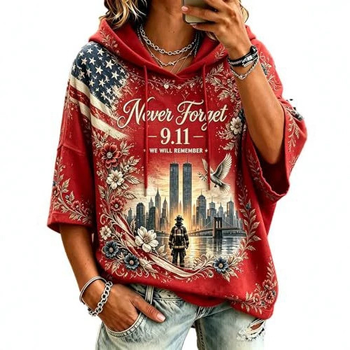 Women's Casual Hoodie with American Twin Towers Print