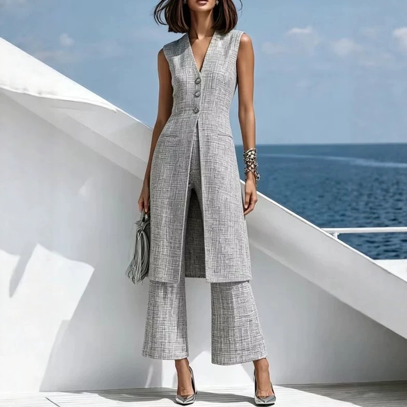 Elegant Gray Long Vest and Pants Two-Piece Suit Set