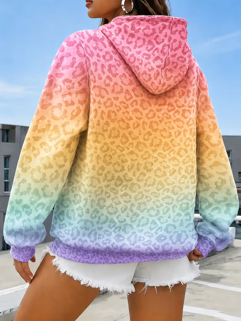 Women's Leopard Print Colorful Polka Dot Graphic Hoodie Casual Sweatshirt