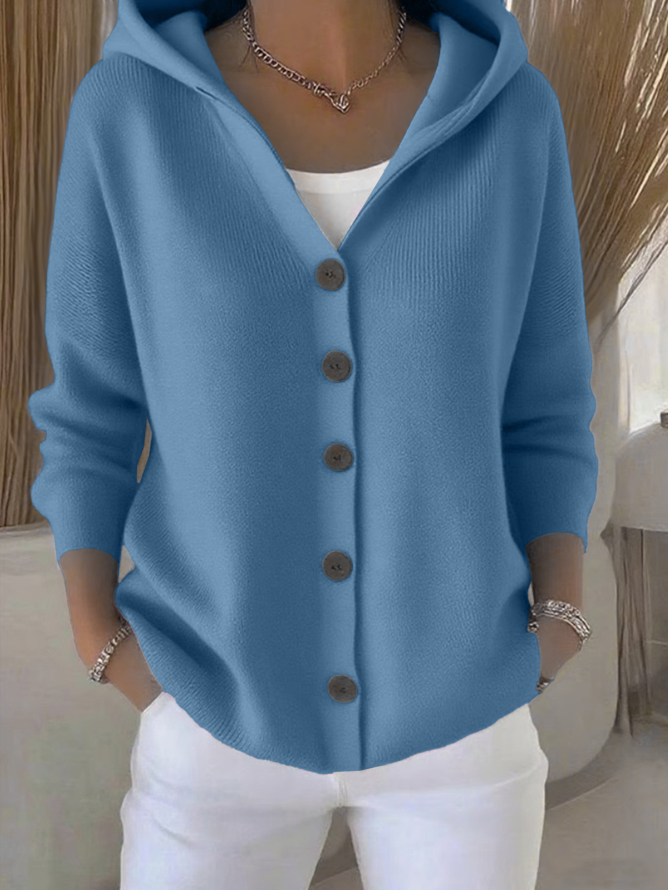 Women's Hooded Knit Cardigan Solid Color Casual Sweater Coat