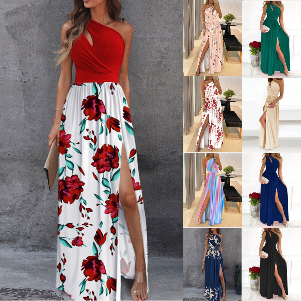 One-Shoulder Sleeveless High-Waist Slit Maxi Dress