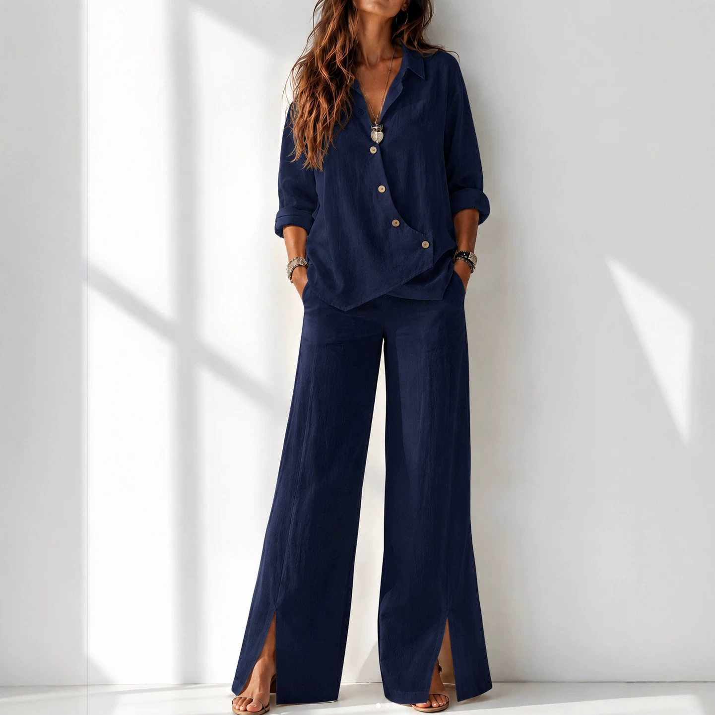Women's Solid Color Asymmetric Long Sleeve Cardigan & Pants Set