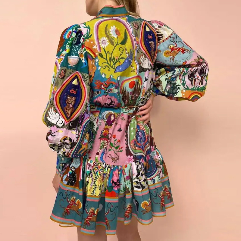 Retro Elegant Stand Collar Printed Tie Dress Short