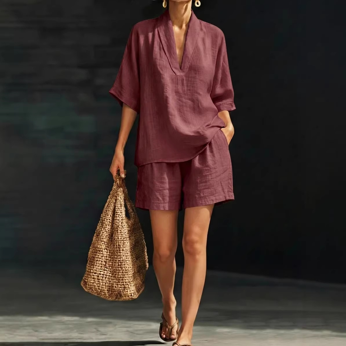 V-Neck Short Sleeve Wide Leg Pants Set Casual Solid Color