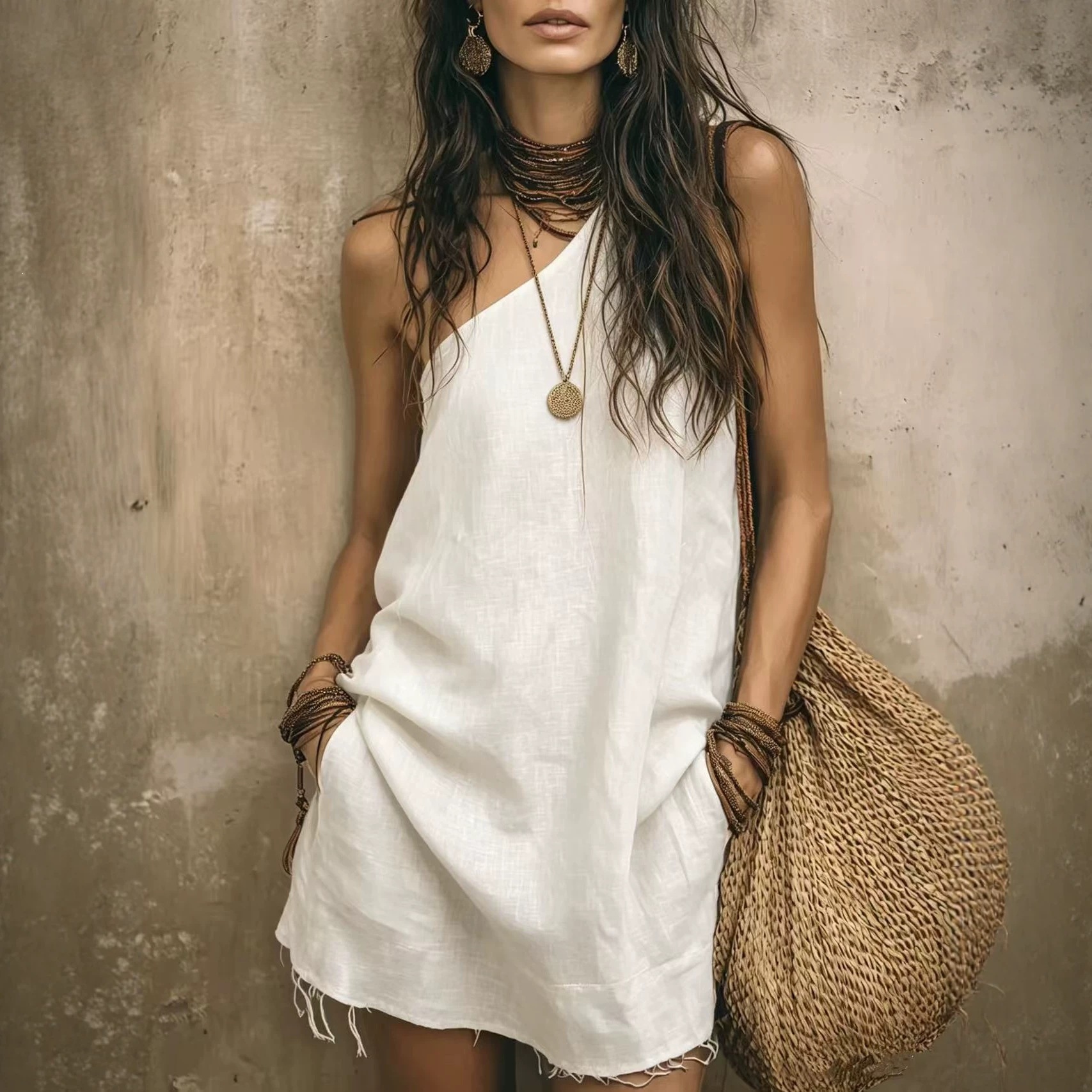 Sleeveless One-Shoulder Asymmetric Solid Boho Fringe Mini Dress