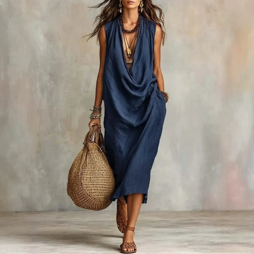 Women's Casual Loose Cowl Neck Sleeveless Maxi Dress