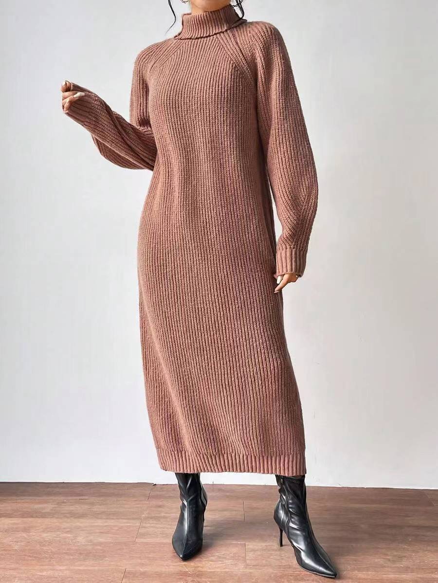Women's Turtleneck Long Sleeve Knit Sweater Dress Solid Color Long Pullover