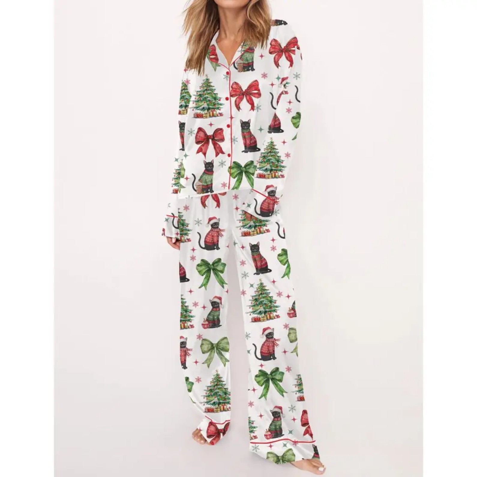 Christmas Tree Print Cuban Collar Long Sleeve Women's Shirt Set