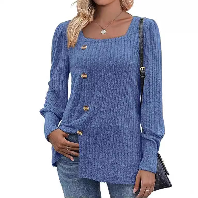 Ribbed Square Neck Puff Sleeve Split Sweater