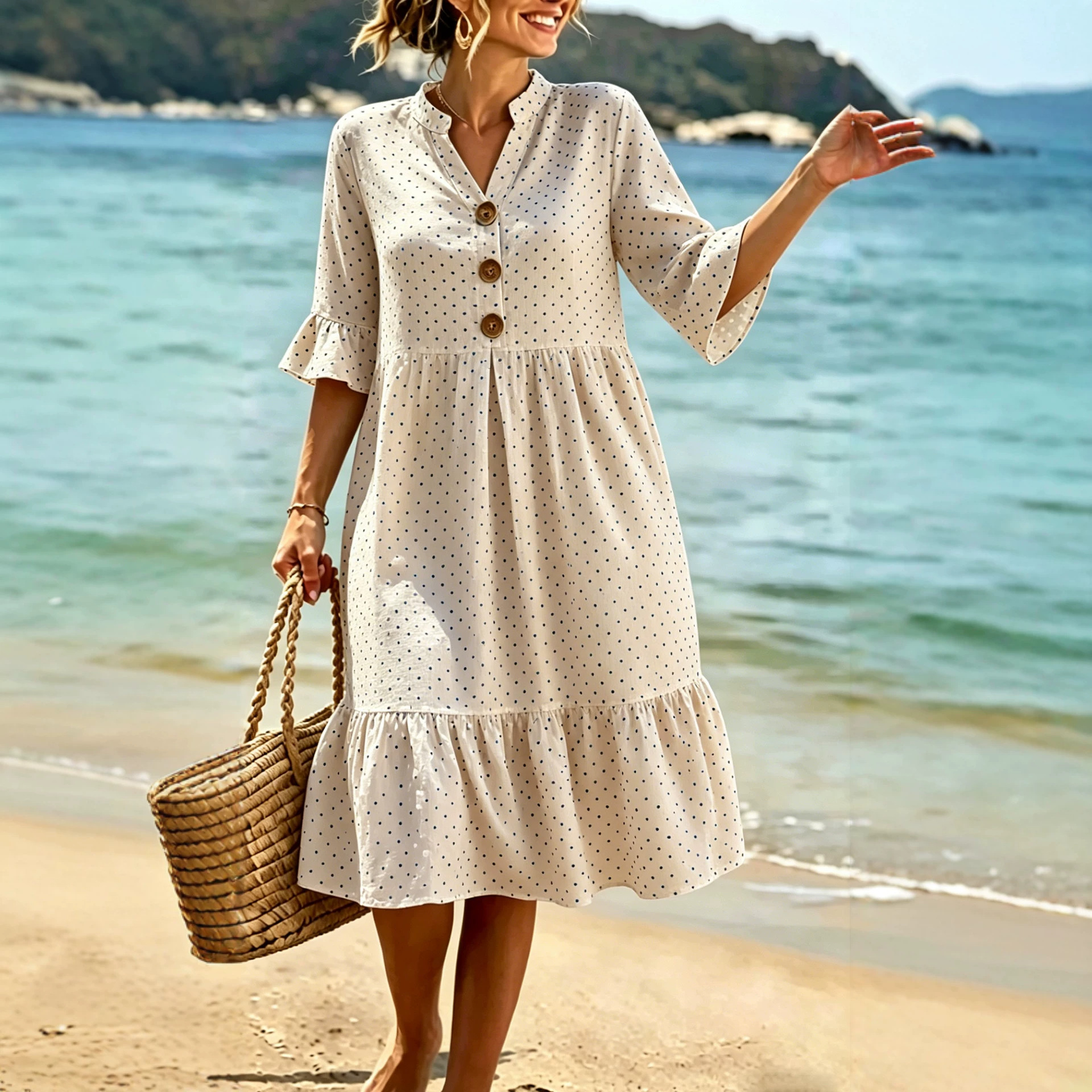 V-Neck Polka Dot Ruffle Sleeve Boho Vacation Dress