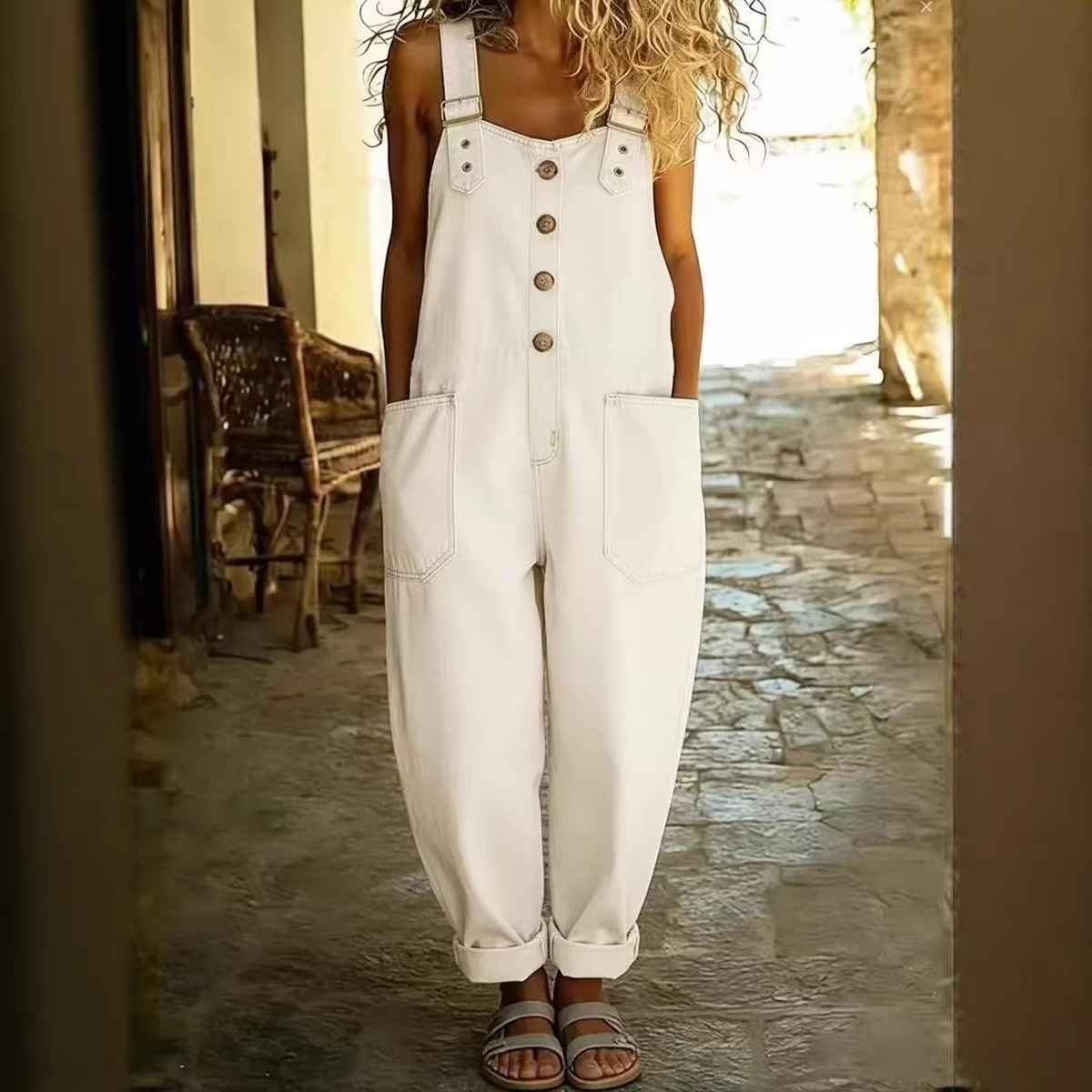 Women's Vintage Washed Denim Jumpsuit Adjustable Buckle Loose Fit