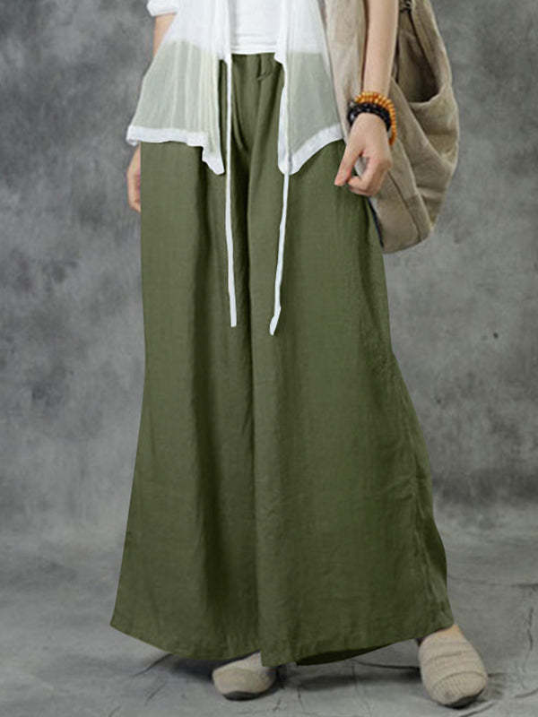 Cotton-Linen Wide-Leg Casual Pants for Women Solid Color Loose Fit