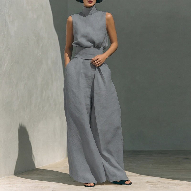 Women's Sleeveless High Neck Top and Straight Leg Pants Casual Set