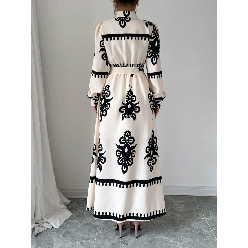 Printed Long-Sleeve Collared Shirt Dress