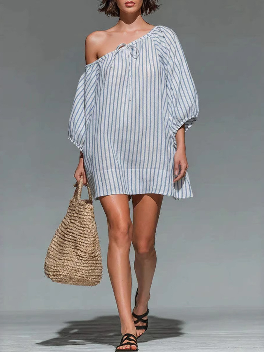 Striped One-Shoulder Cutout Loose A-Line Short Dress