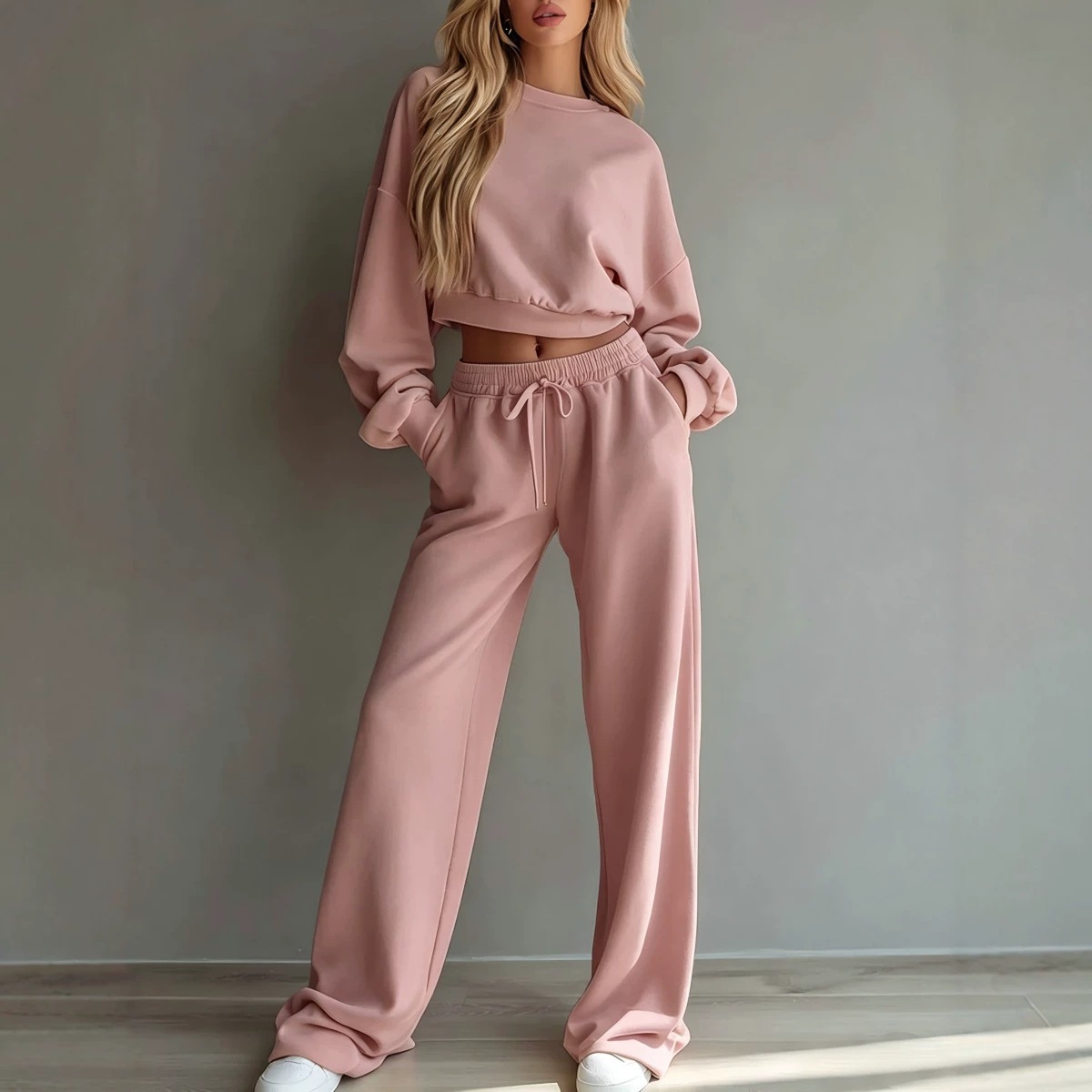 Women's Casual Solid Color Long Sleeve Sweatshirt and Wide Leg Pants Set