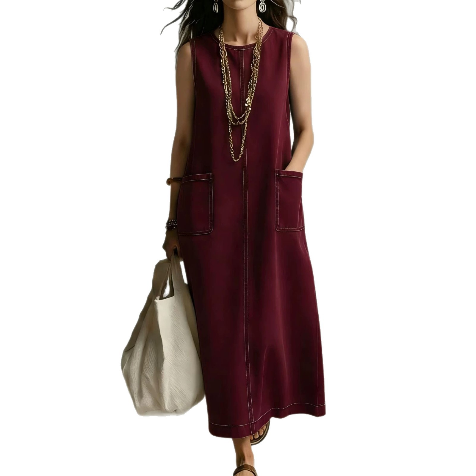 Solid Crewneck Sleeveless Pocket A-Line Midi Dress