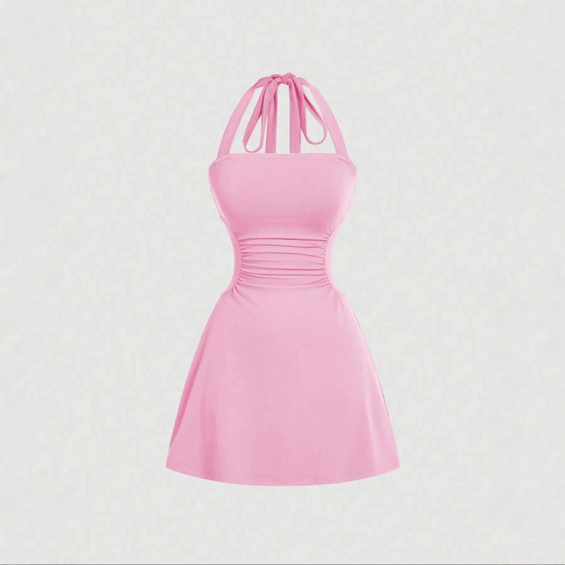 Women's Solid Ruched Tie-Back Open-Back Cami Dress Sleeveless A-Line Mini