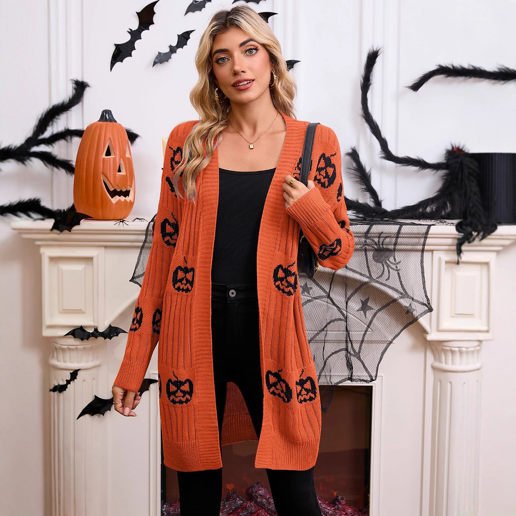 Halloween Pumpkin Jacquard Knit Cardigan Sweater for Women