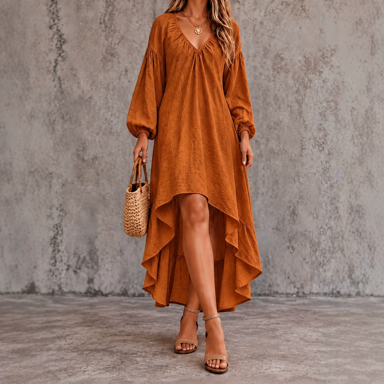 V-Neck Long Sleeve Ruffle A-Line Asymmetrical Hem Maxi Dress