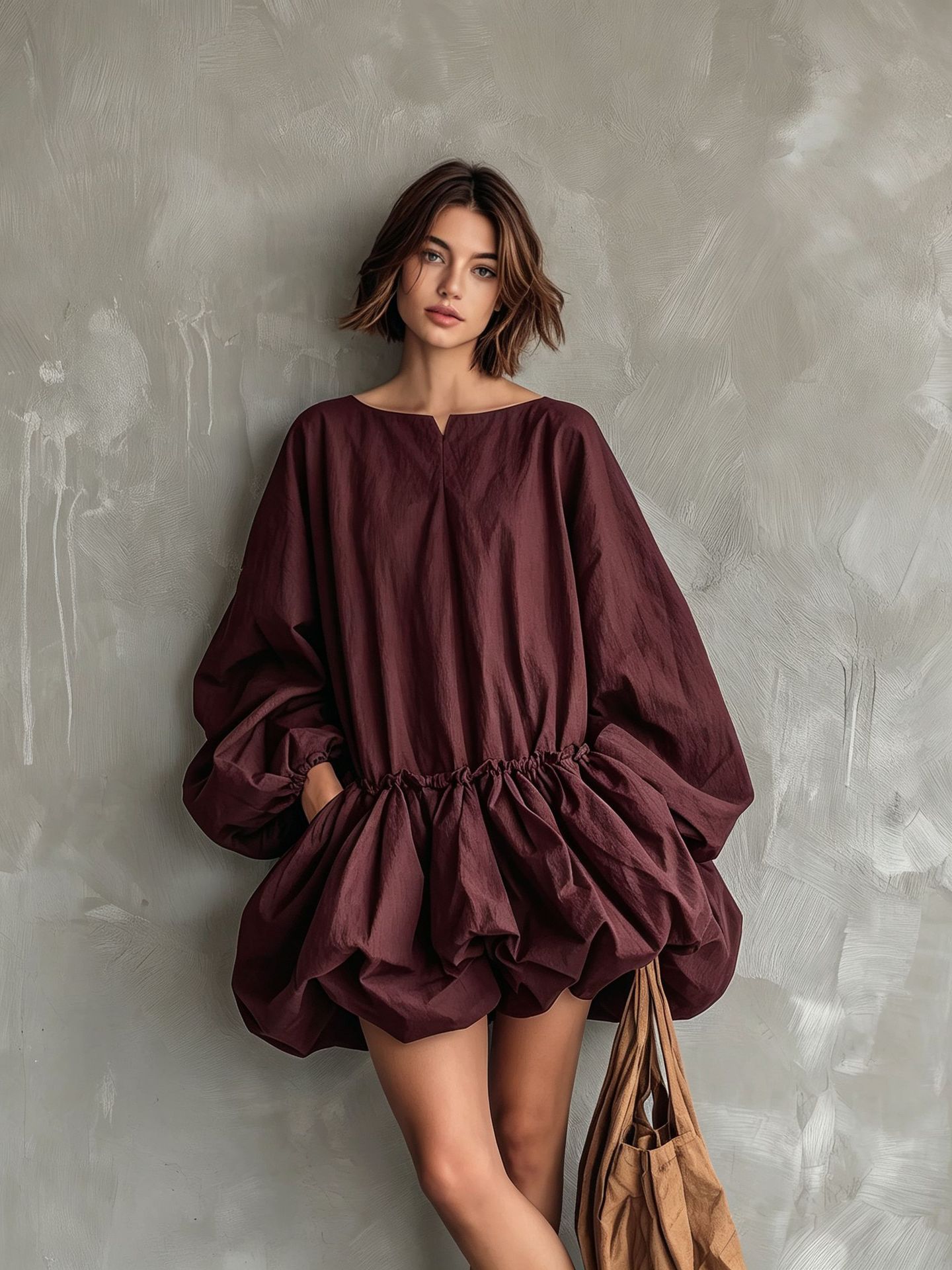 Solid Crewneck Puff Sleeve Long Sleeve Cinched Waist Bubble Dress
