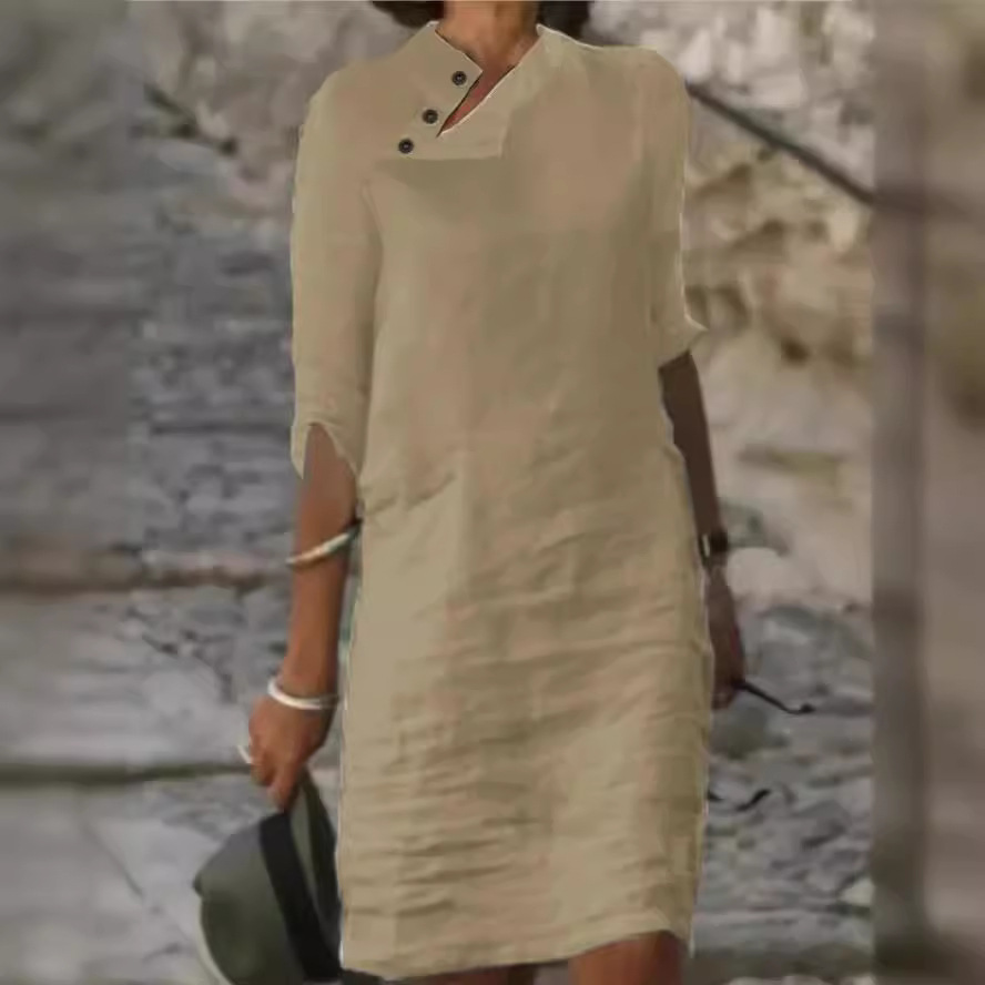 Women's Cotton Linen Button Front Stand Collar Midi Dress