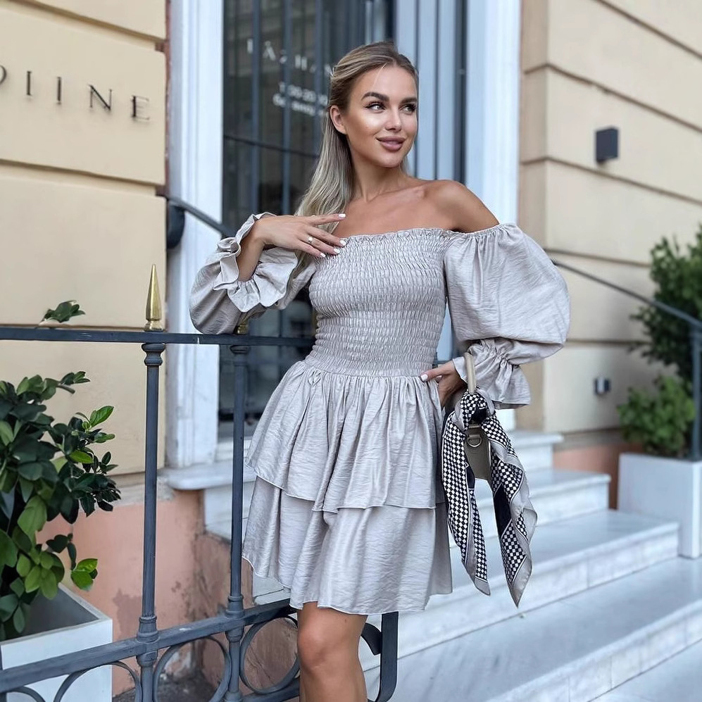 Solid Color Off-Shoulder Pleated A-Line Dress with Cinched Waist
