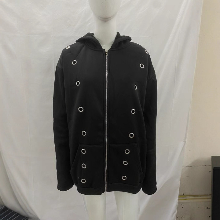 Unisex Loose Zip-Up Hoodie with Metal Ring Cutout and Eyelet Design