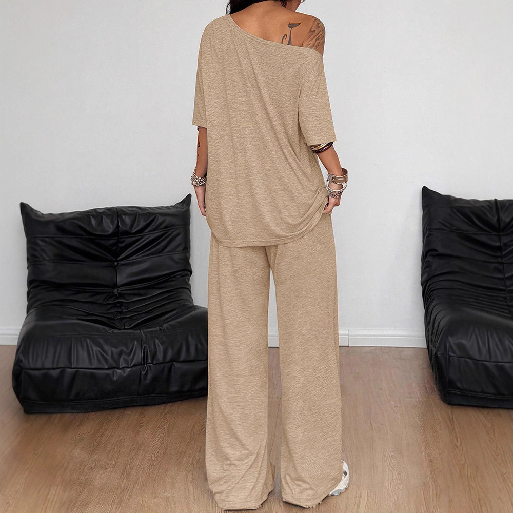 Women's Asymmetric Neck Wide-Leg Pants Set Solid Color Casual Two-Piece