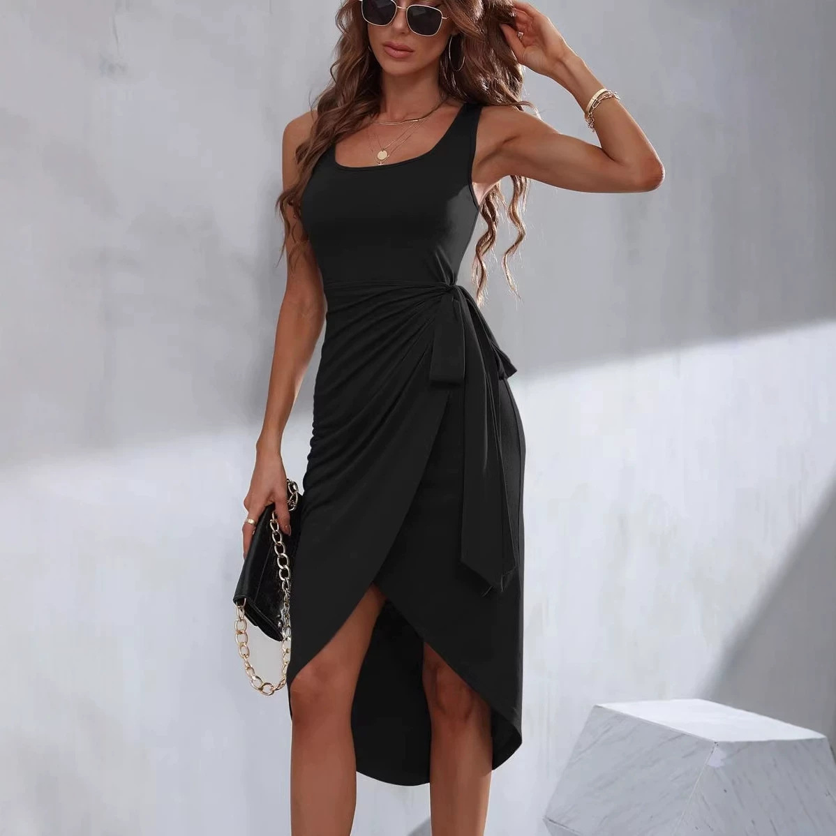 Women's Summer Sleeveless Square Neck Tie Strap Split Midi Dress Irregular Solid Color
