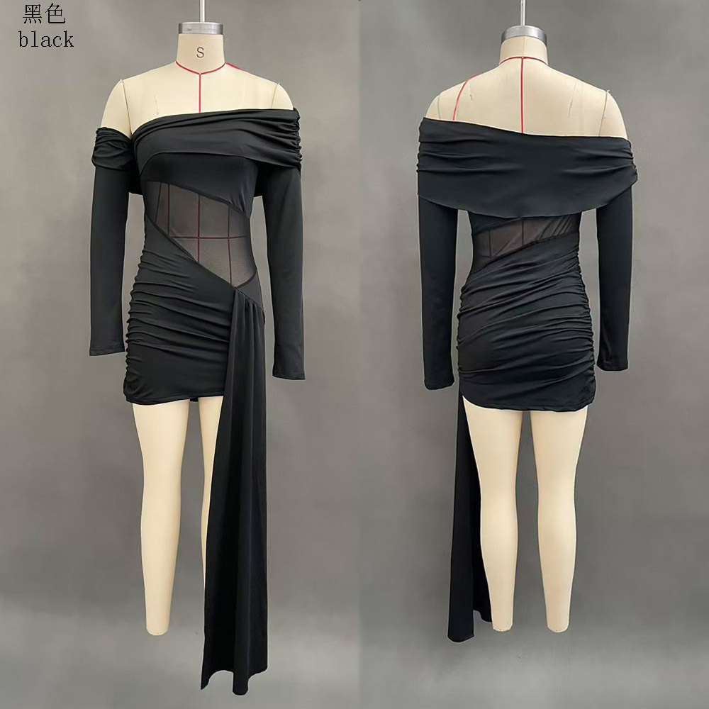 Elegant One-Shoulder Mesh Bodycon Dress with Ribbon Detail