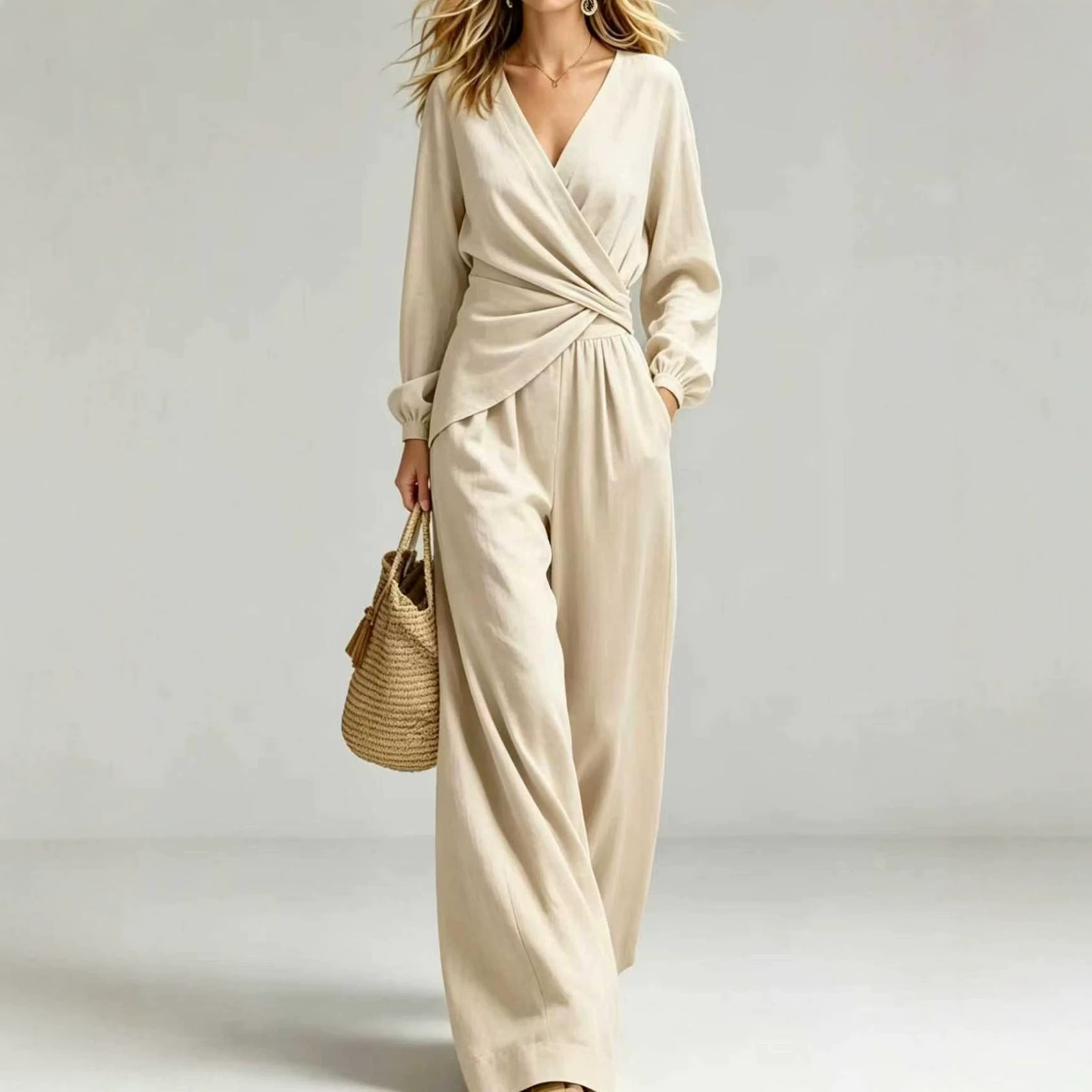 Women's Puff Sleeve Slimming Two-Piece Pant Set