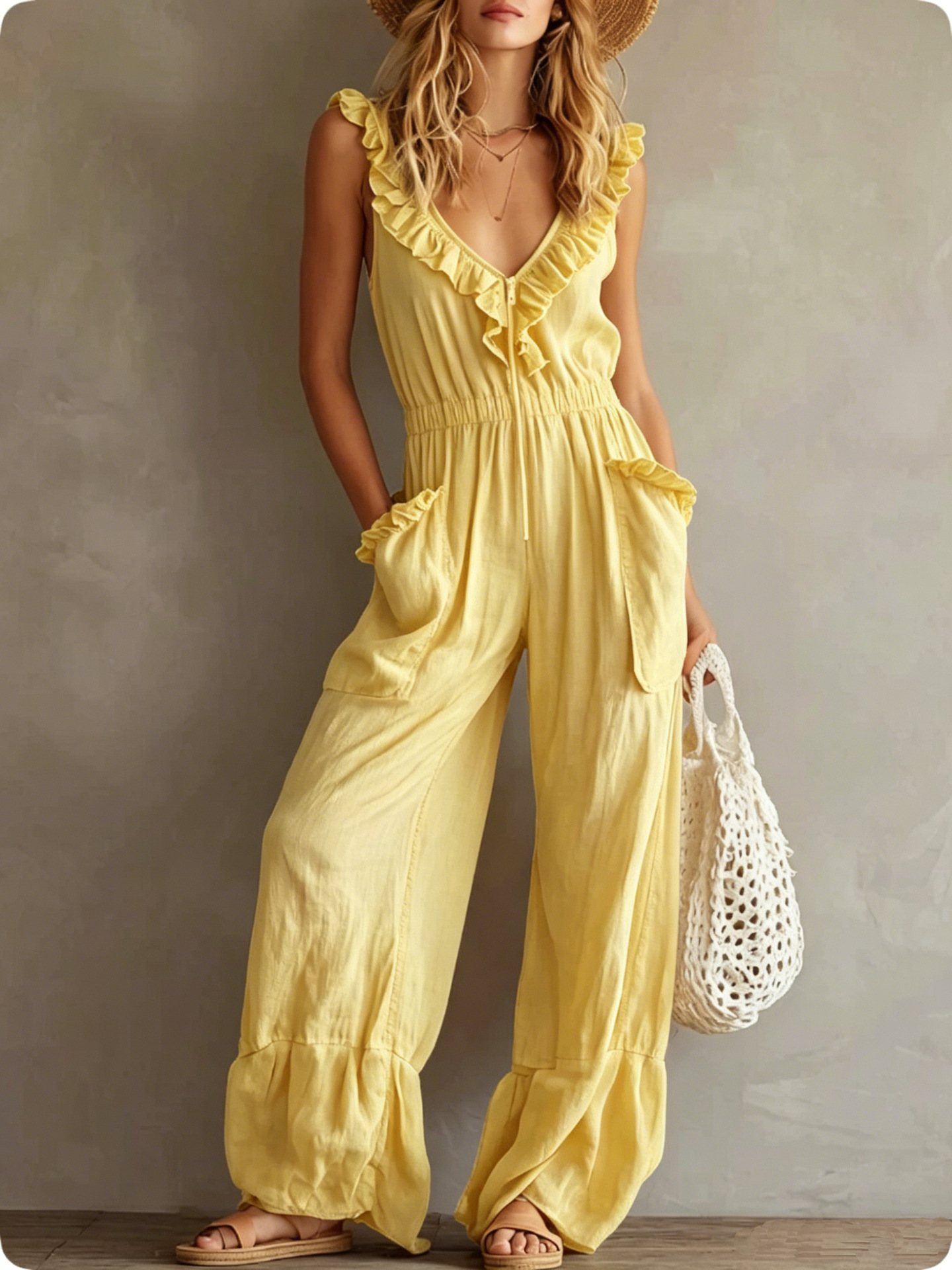 Sleeveless Ruffle Trim Wide-Leg Jumpsuit