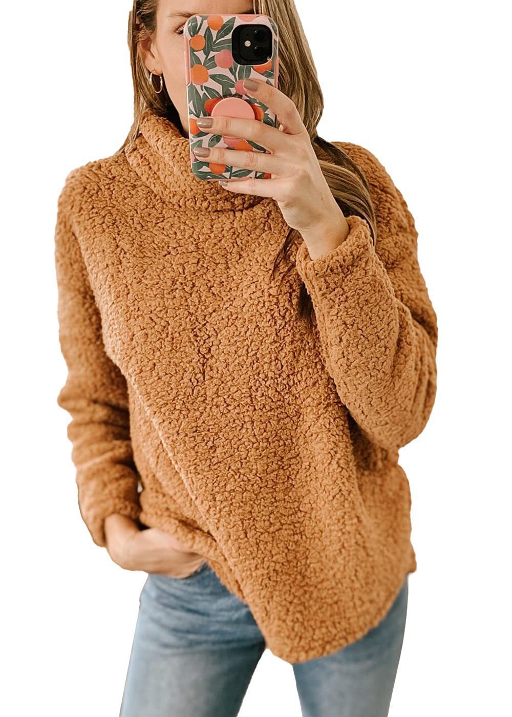 Women's Fuzzy High-Neck Pullover Sweatshirt Solid Color Plush Top