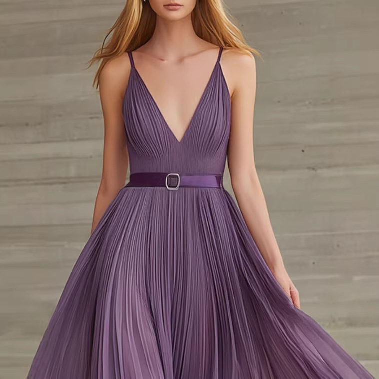 Purple Chiffon Pleated V-Neck Long Dress with Belt