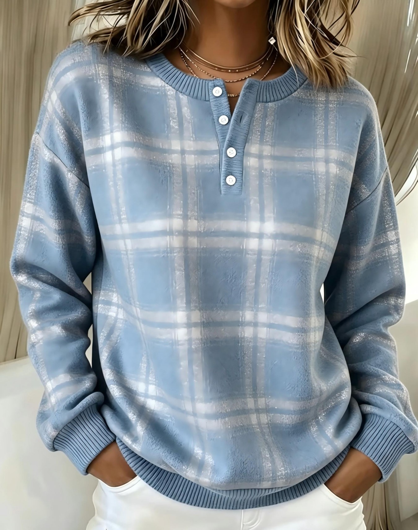 Women's Retro Plaid Line Print Button Sweatshirt