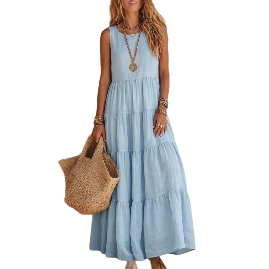 Solid Sleeveless Plus Size Maxi Dress with Round Neck and Shirred Details