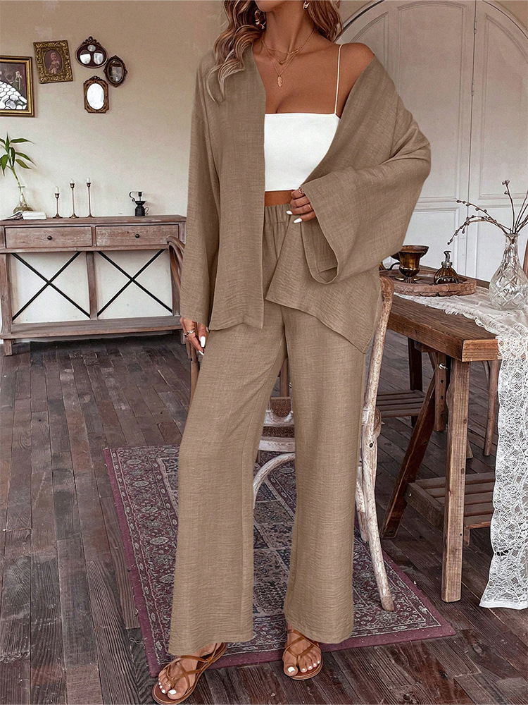 Women's Cotton-Linen Cardigan & Wide-Leg Pants Two-Piece Set