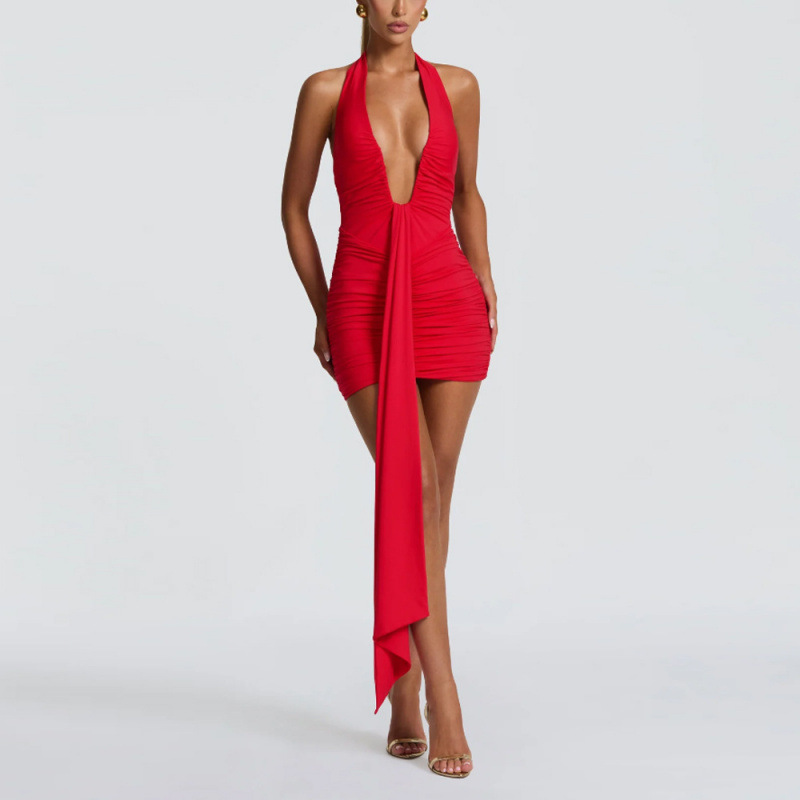 Women's Halter Deep V-Neck Backless Ruched Bodycon Mini Dress