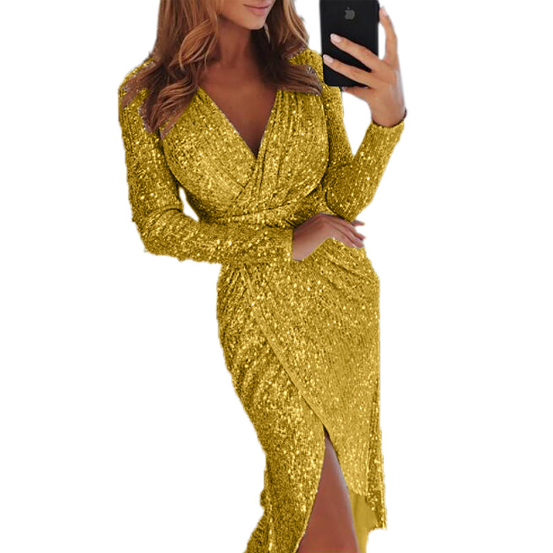 Women's Metallic Shiny Long Sleeve V-Neck Midi Dress