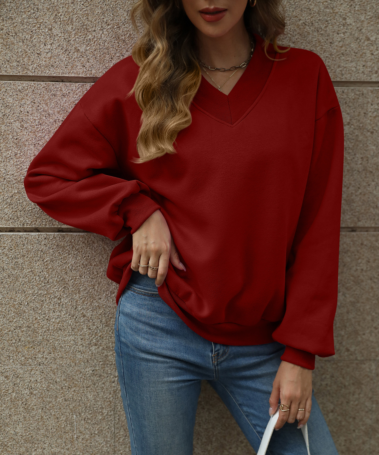 Women's V-Neck Fleece-Lined Loose Pullover Sweatshirt