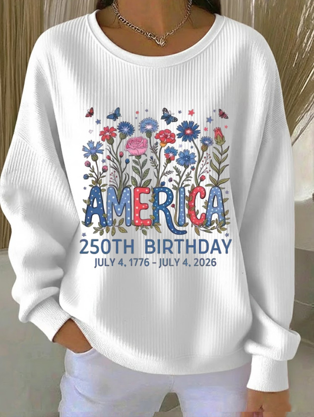 Women's Crewneck Sweatshirt with American Letter Star Flower Print