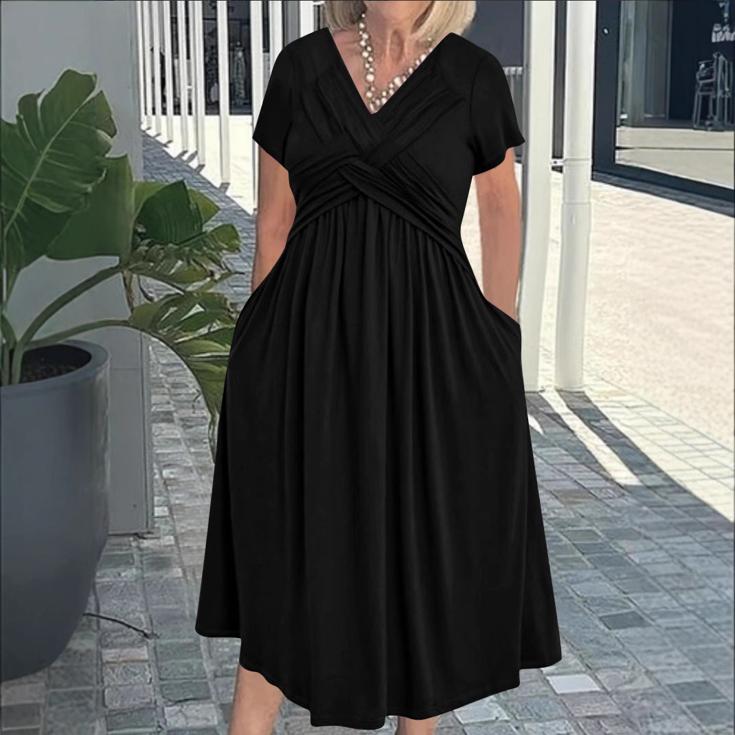 Women's Summer Short Sleeve Midi Dress Cross Pleated V-Neck A-Line