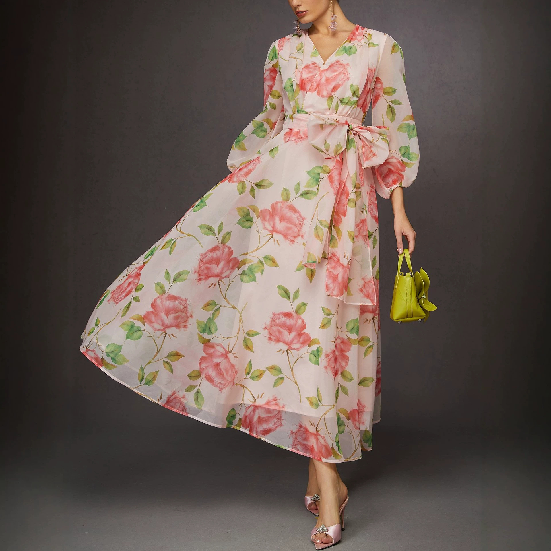 French-Style 3D Floral Waist-Cinched Ruffle Mesh Dress