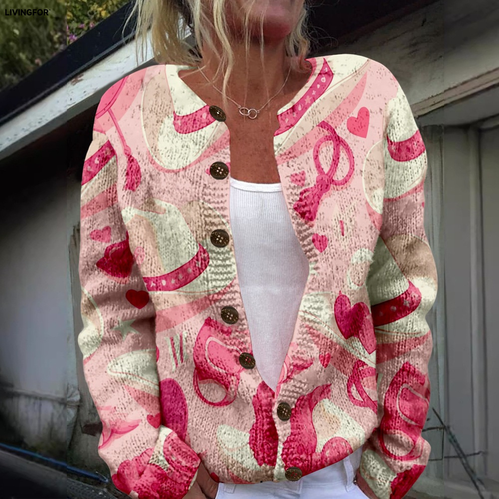 Women's Heart & Flower Print Button Cardigan Sweater