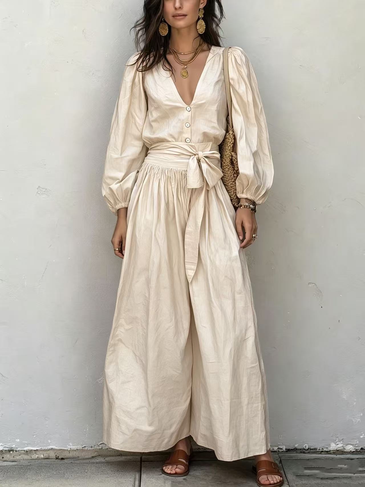 V-Neck Long-Sleeve Tie-Waist Pleated Pants Set