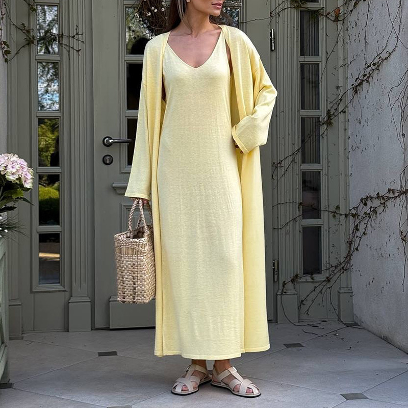 Women's Solid Color Sleeveless Midi Dress and Long Sleeve Cardigan Knit Set