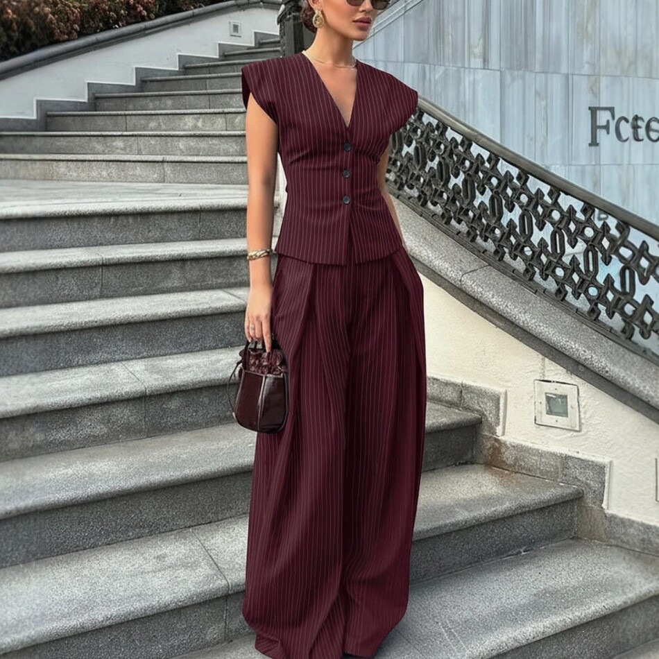 V-Neck Sleeveless Wide-Leg Pants Set Slimming Waist Commuter Women's